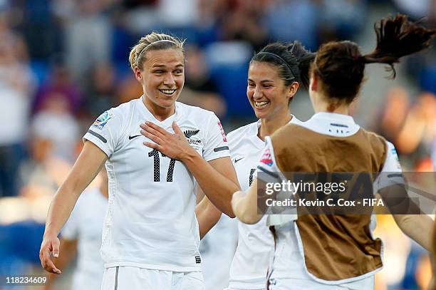 Hannah Wilkinson of New Zealand reacts after scoring the equalizing goal against Mexico during the FIFA Women's World Cup 2011 Group B match between...