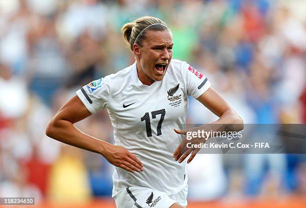 Hannah Wilkinson of New Zealand reacts after scoring the equalizing goal against Mexico during the FIFA Women's World Cup 2011 Group B match between...