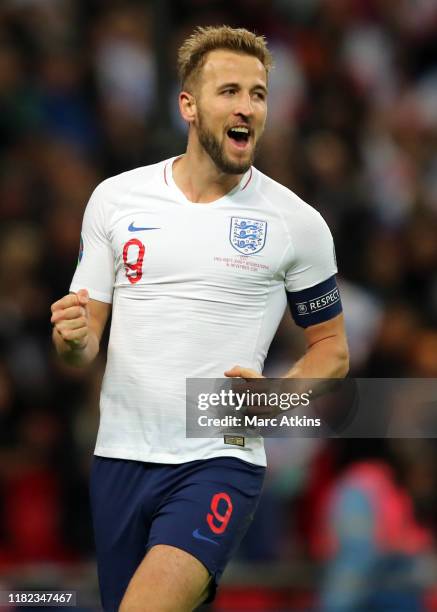 Harry Kane of England celebrates scoring his third goal during the UEFA Euro 2020 qualifier between England and Montenegro at Wembley Stadium on...