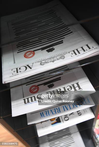 Victorian national newspapers are displayed at a newsagency on October 21, 2019 in Melbourne, Australia. Media outlets across the country are running...