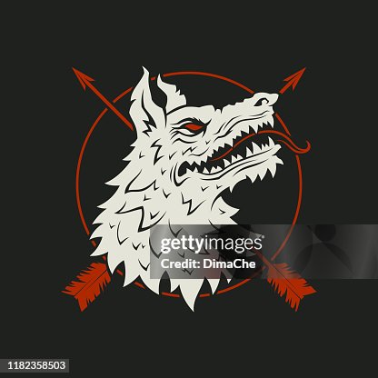 Wolf Head With Crossed Arrows And A Circle Cut Out Vector Silhouette ...