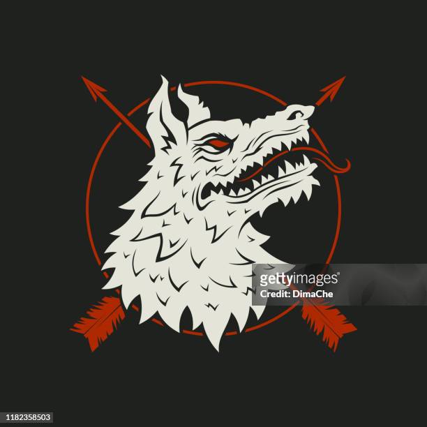 wolf head with crossed arrows and a circle - cut out vector silhouette - howling stock illustrations