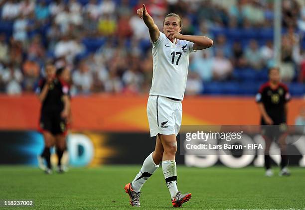 Hannah Wilkinson of New Zealand celebrates after scoring his teams second goal during the FIFA Women's World Cup 2011 Group B match between New...