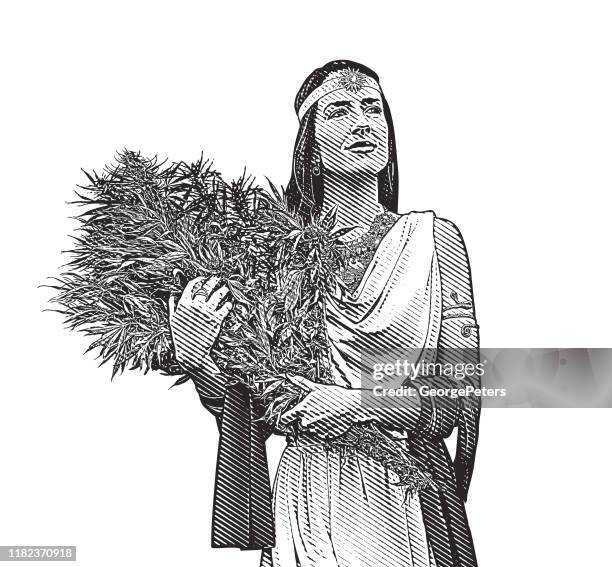 woman holding bouquet of cannabis plants - aphrodite stock illustrations