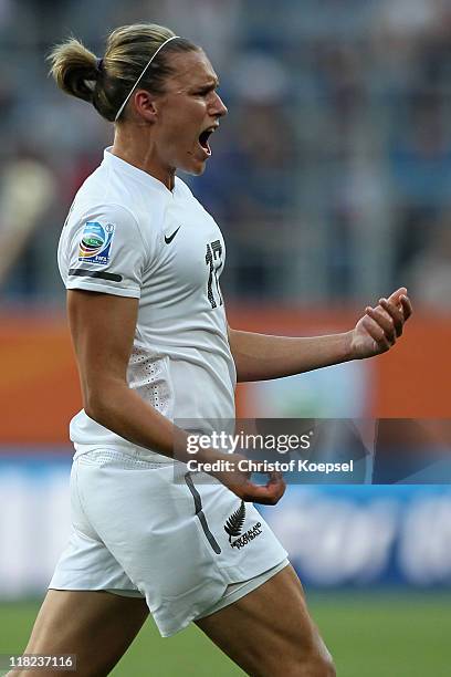 Hannah Wilkinson of New Zealand celebrates the scond goal during the FIFA Women's World Cup 2011 Group B match between New Zealand and Mexico at...