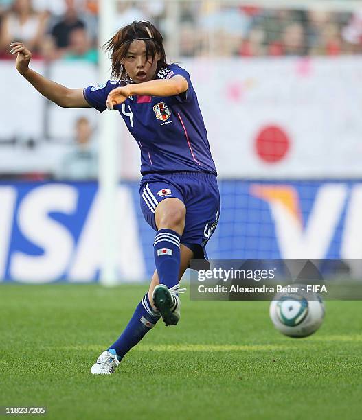 Saki Kumagai of Japan kicks the ball during the FIFA Women's World Cup 2011 group B match between England and Japan at FIFA World Cup stadium...