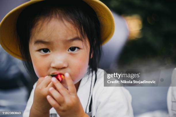 little girl with a cherry - chinese girl stock pictures, royalty-free photos & images