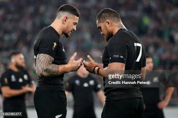 Sonny Bill Williams and Ofa Tuungafasi of the All Blacks pray ahead of the Rugby World Cup 2019 Quarter Final match between New Zealand and Ireland...