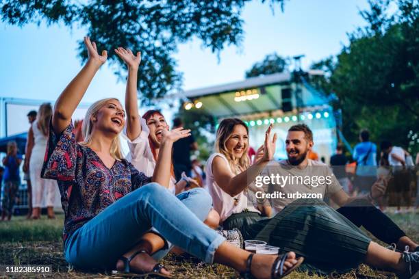 groep vrienden op een muziekfestival - festival of arts celebrity benefit event stockfoto's en -beelden