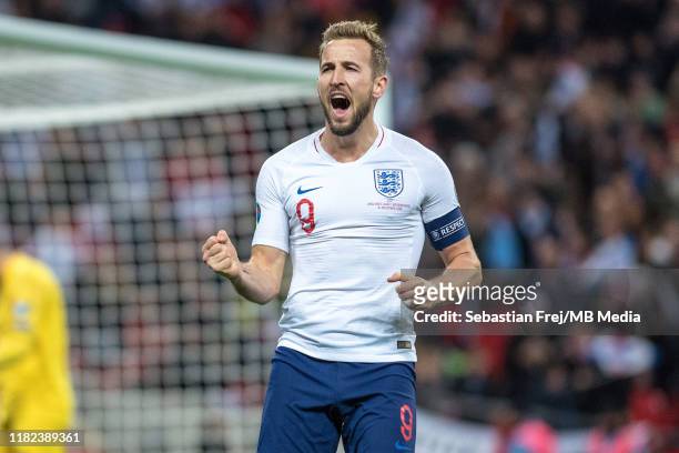 Harry Kane of England celebrate after scoring hes 3rd goal during the UEFA Euro 2020 qualifier between England and Montenegro at Wembley Stadium on...