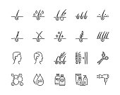 Hair loss treatment flat line icons set. Shampoo ph, dandruff, hair growth, keratin, conditioner bottle vector illustrations. Outline signs for beauty store. Pixel perfect 64x64. Editable Strokes