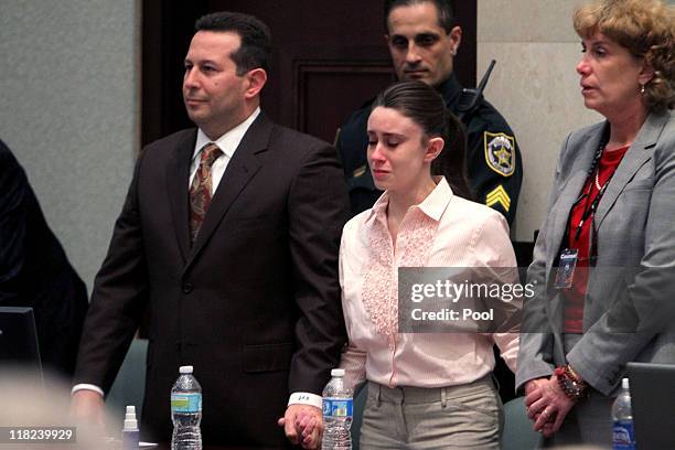 Casey Anthony reacts to being found not guilty on murder charges at the Orange County Courthouse on July 5, 2011 in Orlando, Florida. At left is her...