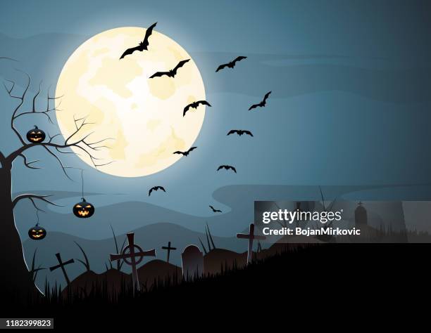 halloween night spooky background with pumpkins and flying bats. vector - halloween moon stock illustrations