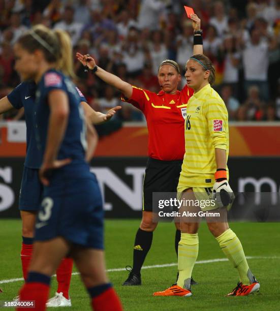 Goalkeeper Berangere Sapowicz of France is sent off by referee Kirsi Heikkinen during the FIFA Women's World Cup 2011 Group A match between France...