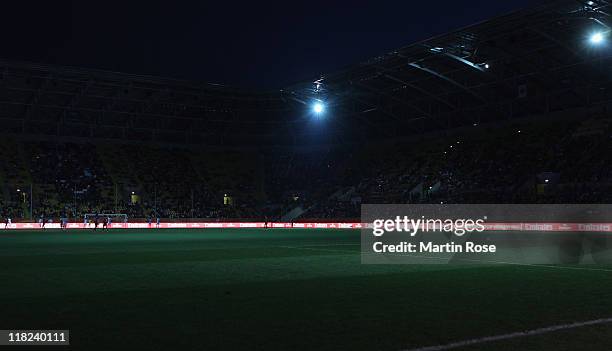 General view of the Rudolf-Harbig-Stadion after an electrical power outage during the FIFA Women's World Cup 2011 Group A match between Canada and...