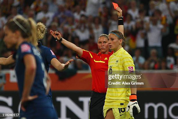 Goalkeeper Berangere Sapowicz of France is sent off by referee Kirsi Heikkinen during the FIFA Women's World Cup 2011 Group A match between France...