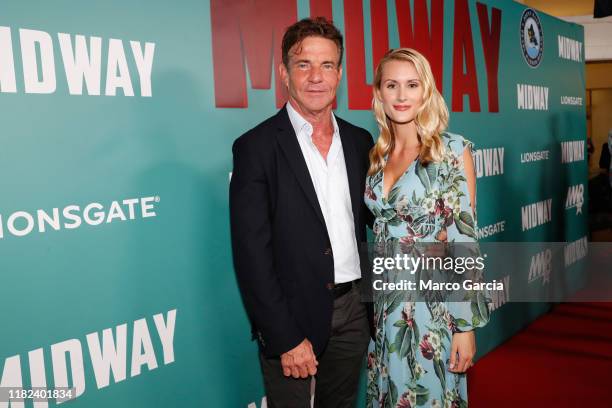 Dennis Quaid and fiancee Laura Savoie arrive at the "Midway" Special Screening at Joint Base Pearl Harbor-Hickam on October 20, 2019 in Honolulu,...