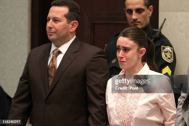 Casey Anthony reacts to being found not guilty on murder charges at the Orange County Courthouse on July 5, 2011 in Orlando, Florida. At left is her...