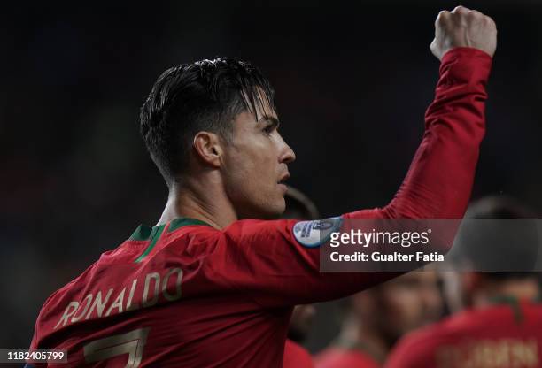 Cristiano Ronaldo of Portugal and Juventus celebrates after scoring a goal during the UEFA Euro 2020 Qualifier match between Portugal and Lithuania...
