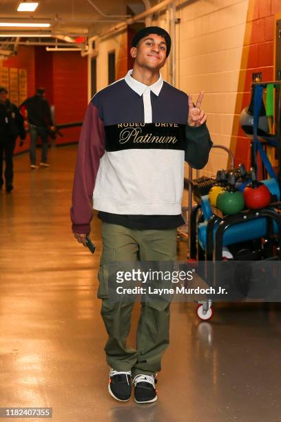 Frank Jackson of the New Orleans Pelicans arrives to the game against the LA Clippers on November 14, 2019 at the Smoothie King Center in New...