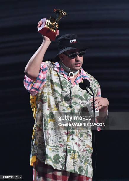 Puerto Rican singer Bad Bunny accepts the award for Best Urban album during the 20th Annual Latin Grammy Awards in Las Vegas, Nevada, on November 14,...