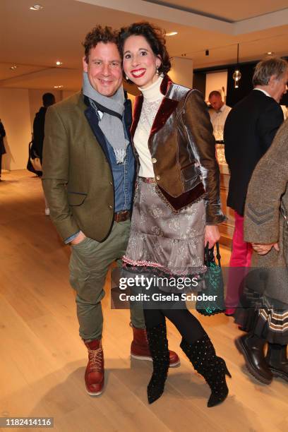 Dirndl fashion designer Lola Paltinger and her boyfriend Andreas Meister during the Brunello Cucinelli women store opening on November 14, 2019 in...