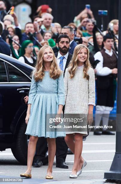 Princess Leonor of Spain and Princess Sofia of Spain arrives to the Campoamor Theatre ahead of the 'Princesa de Asturias' Awards Ceremony 2019 on...