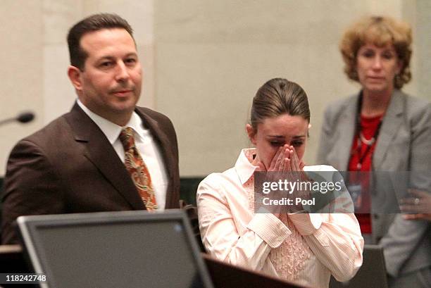 Casey Anthony reacts to being found not guilty on murder charges as she stands next to her attorney Jose Baez at the Orange County Courthouse on July...