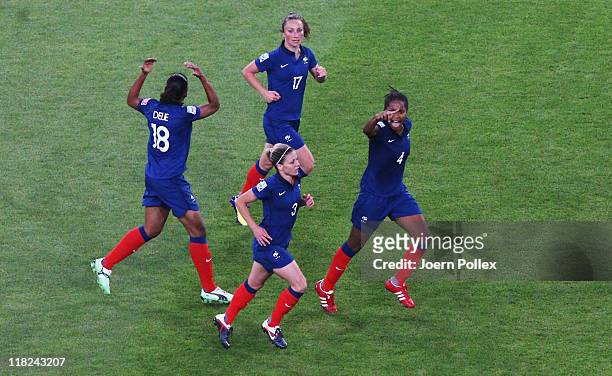 Laura Georges of France celebrates with her team mates after scoring her team's second goal during the FIFA Women's World Cup 2011 Group A match...