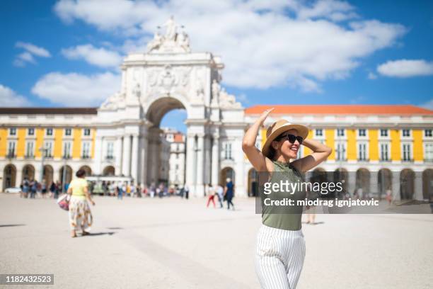 excited about her vacation in lisbon - lisbon stock pictures, royalty-free photos & images