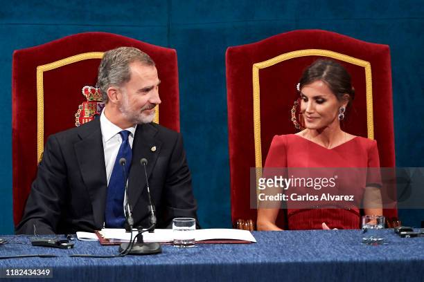 King Felipe VI of Spain and Queen Letizia of Spain attend the Princesa de Asturias Awards 2019 ceremony at the Campoamor Theater on October 18, 2019...