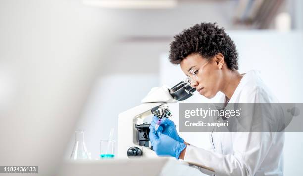 joven científico trabajando en el laboratorio - disruptive fotografías e imágenes de stock