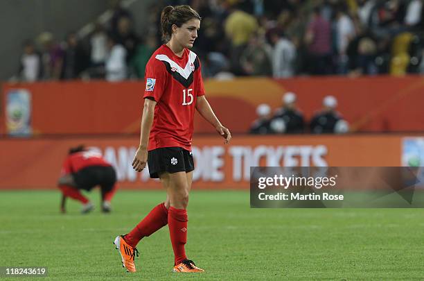 Christina Julien of Canada looks dejected after the FIFA Women's World Cup 2011 Group A match between Canada and Nigeria at Rudolf-Harbig-Stadion on...
