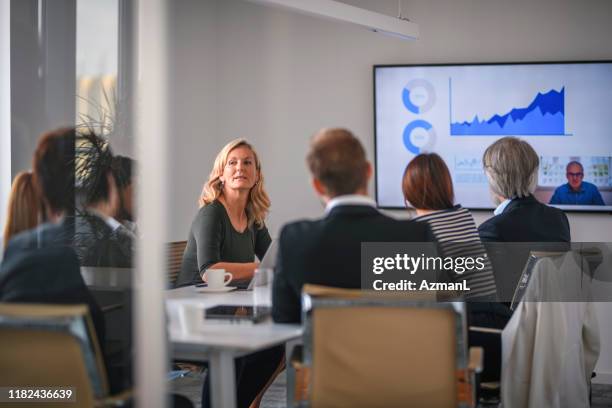 femme d'affaires écoutant l'associé pendant la conférence de vidéo - équipe de direction photos et images de collection