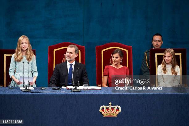 Princess Leonor of Spain, King Felipe VI of Spain, Queen Letizia of Spain and Princess Sofia of Spain attend the Princesa de Asturias Awards 2019...