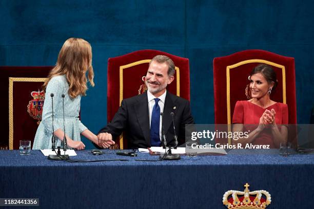 Princess Leonor of Spain, King Felipe VI of Spain and Queen Letizia of Spain and Princess Sofia of Spain attend the Princesa de Asturias Awards 2019...