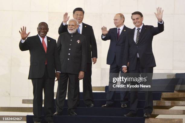 Brazilian President Jair Bolsonaro, Russian President Vladimir Putin, Chinese President Xi Jinping, Indian Prime Minister Narendra Modi and South...