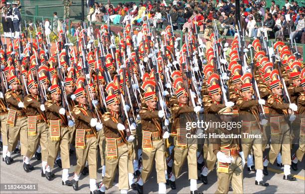 Delhi Police Jawans march during the full dress rehearsal for the Republic Day parade at Rajpath, on January 23, 2007 in New Delhi, India.