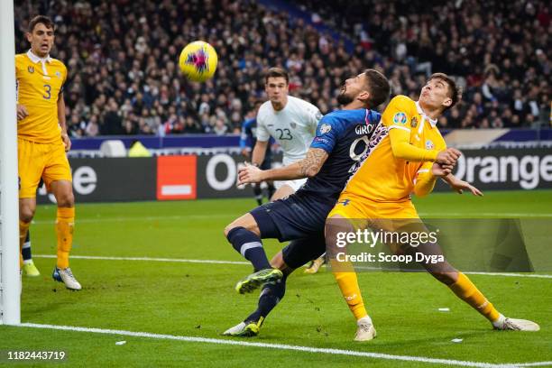 Olivier GIROUD of France and Artur CRACIUN of Moldavia during the Euro Cup Qualification - Group H match between France and Moldavie on November 14,...