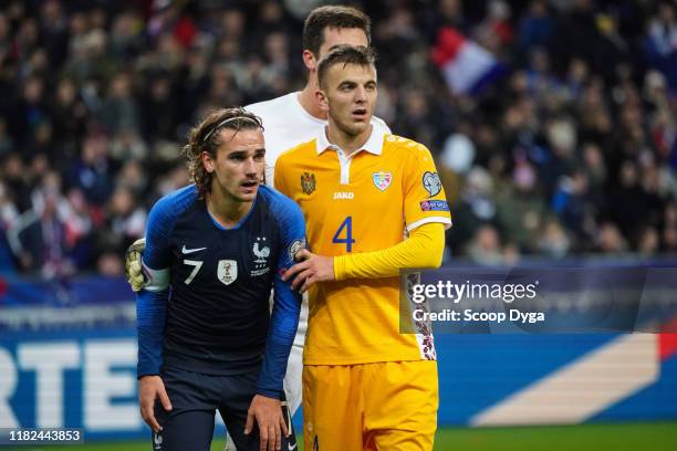 Antoine GRIEZMANN of France and Sergiu PLATICA of Moldavia during the Euro Cup Qualification - Group H match between France and Moldavie on November...