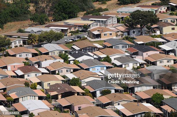 mobile home park aerial view in california - trailer home stock pictures, royalty-free photos & images