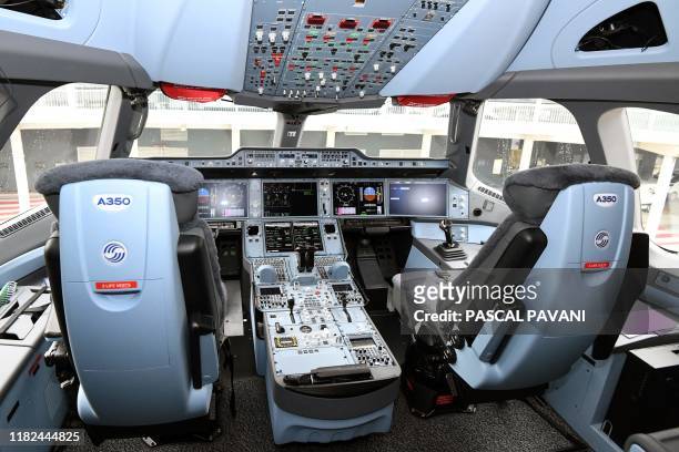 This picture taken on November 15 show a view of the cockpit of the first Fiji Airways's Airbus A350 XWB 900 aircraft during its delivery ceremony at...