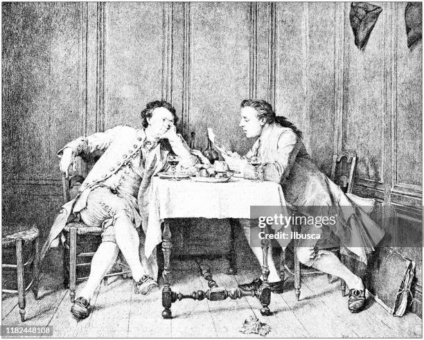 antique illustration: lunch and discussion - gentlemen art lunch stock illustrations