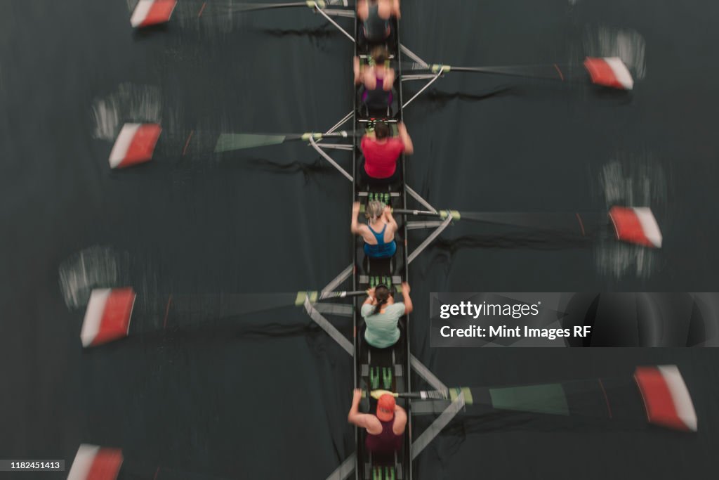 Blurred motion overhead view of a rowing crew in a sculling boat on the water, mid stroke