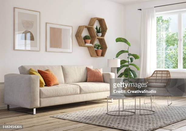 bohemian living room interior - 3d render - indoors stock pictures, royalty-free photos & images