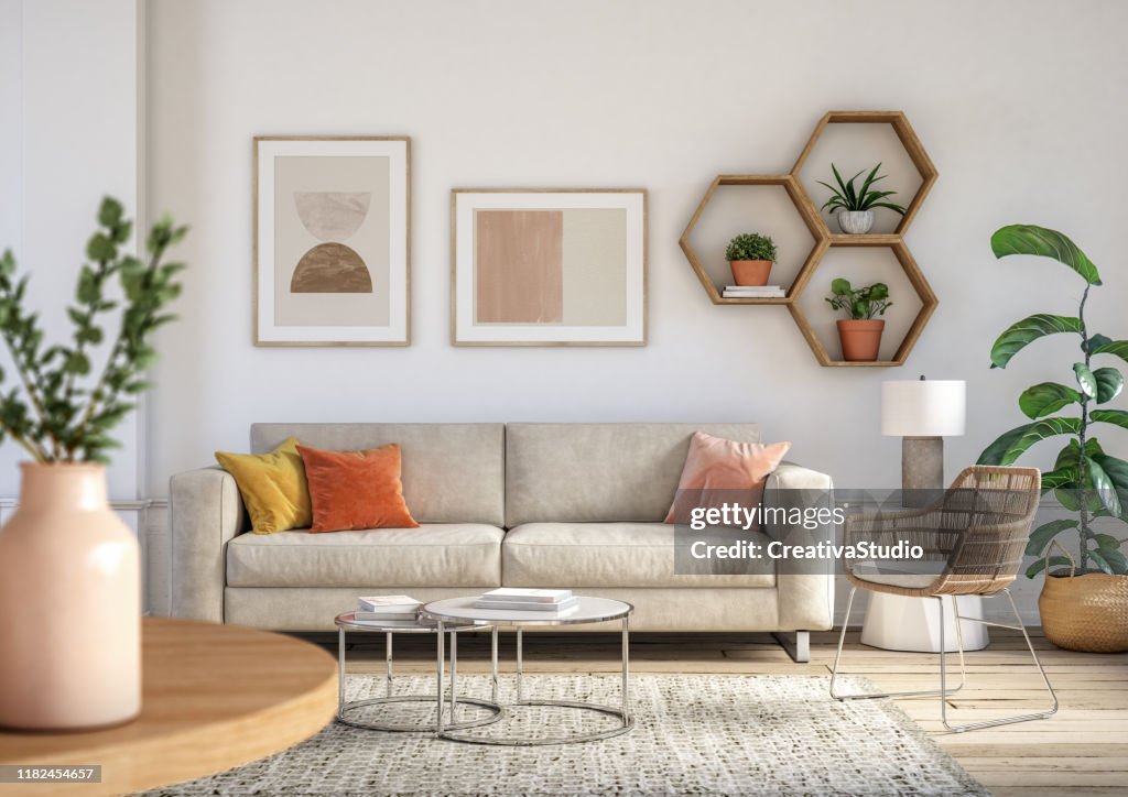 Interno del soggiorno bohémien - rendering 3d