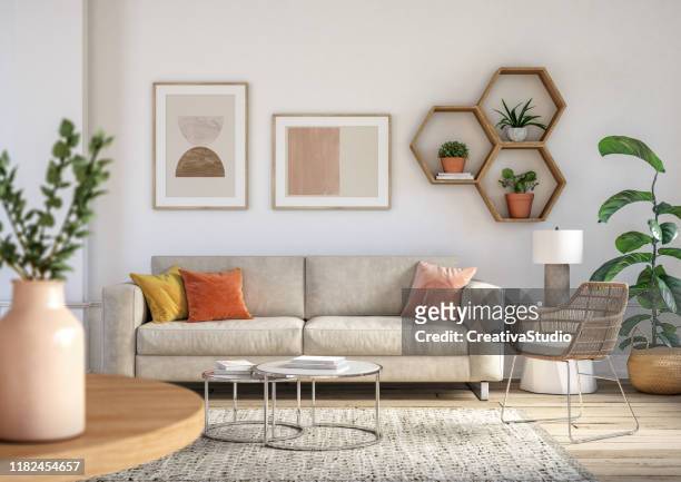 interno del soggiorno bohémien - rendering 3d - mobilio foto e immagini stock