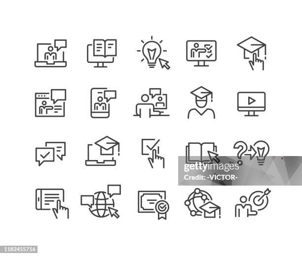 ilustraciones, imágenes clip art, dibujos animados e iconos de stock de iconos de educación en línea - classic line series - education technology