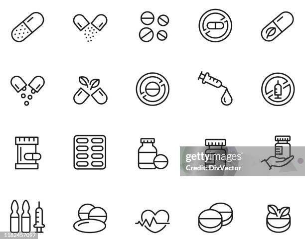 ilustraciones, imágenes clip art, dibujos animados e iconos de stock de conjunto de iconos de medicamentos - medicamentos