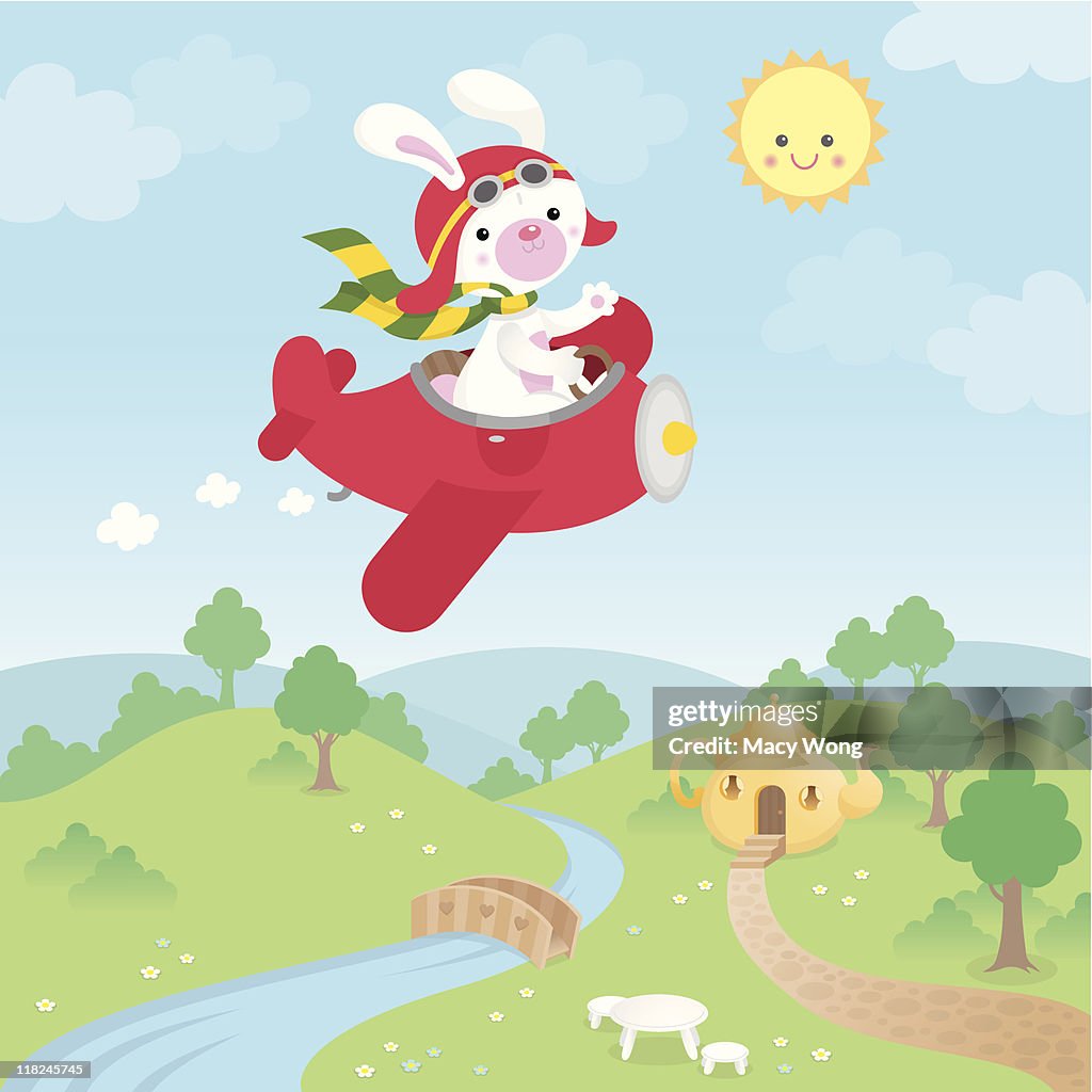 Cute kawaii bunny airplane